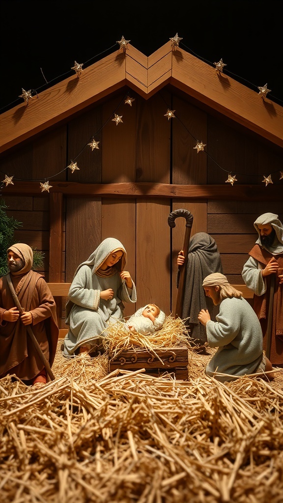 A traditional nativity scene with figures of Mary, Joseph, and baby Jesus in a stable, surrounded by shepherds and Wise Men.